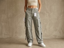 NWT Bershka Women’s Multi Cargo Pants Grey/Sage Wide Leg Utility Straps Size US picture