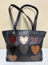 BRIGHTON 🔥 HOLLY Black Leather Multi Hearts Zippered Shoulder Tote Bag Purse picture
