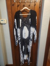 Three Bird Nest Black & White Tie-Dye Long Boho Kimono Duster picture