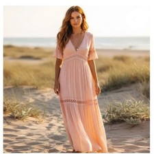 $99 NWT CALSON Pink Delight V-Neck Boho Eyelet Trim Maxi Nordstrom Dress Sz M picture