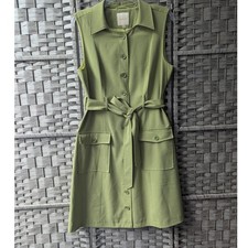 ModCloth Shirt Dress Green Sleeveless Belted Button Front Sz L Retro Polished picture