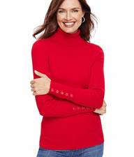 NWT Talbots Button Cuff Red Ribbed Turtleneck Sweater Petite Medium Cotton Blend picture