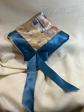 1970’s Women’s Satin Scarf 100% Polyester Geometric Bohemian Bow Blue/Gold picture