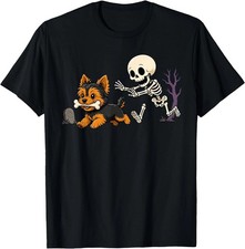 Funny Skeleton Chasing Yorkie Dog Halloween Graphic T-shirt picture