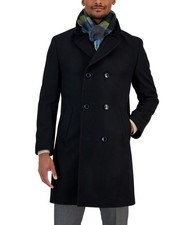 Nautica Menss Classic fit Double Breasted Wool Overcoat Coat 48 R Black Solid picture