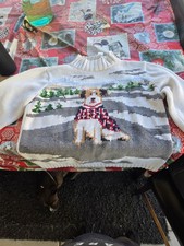  VTG 90s Liz Claiborne Lizsport Dog Sweater Knit Winter Scene Terrier Large Rami picture