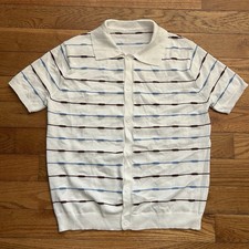 Vintage 70s Ban Lon Striped Knit Disco Short Sleeve Button Up Shirt Medium picture