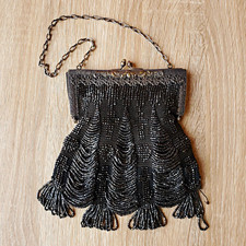 Vintage Late Victorian Mourning Bag Metal Frame Kiss Lock Chain Strap picture