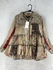 Young Threads Tunic Top Womens Medium Latte Patchwork Floral Boho Button Up NEW picture
