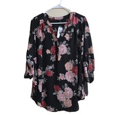 Torrid Harper 1 1X Bryce Floral Black Georgette Blouse 3/4 Roll Tab Sleeve NWT picture