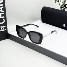 CHANEL CH5422B Cat Eye Sunglasses Black Acetate Gray Lens Crystal Logo 53-17-145 picture