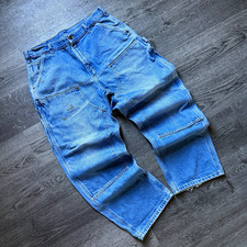 VINTAGE CARHARTT DOUBLE KNEE DENIM WORK PANTS 36 BLUE DISTRESSED USA WORKWEAR picture