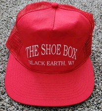 VTG The Shoe Box Hat Snapback Trucker Cap Mens Red Wisconsin Black Earth picture
