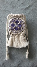 Handmade macrame Drawstring Pouch Bag, Beaded Fringe and ñanduti design picture