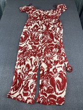 Fashion Nova NWT Off-Shoulder Maxi Jumpsuit Belt Red & White Abstract Print 1X picture