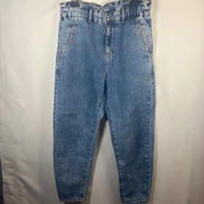 Zara Metal Logo Paperbag Waist Jeans Barrel Size 4 Light Wash Tapered Y2K picture