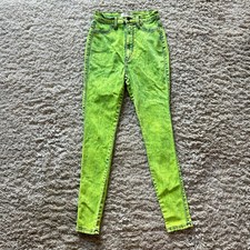 Vibrant M.I.U. Acid Wash Neon Green Skinny Jeans Juniors Size 7 W27 High Rise picture