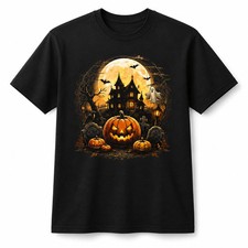 Halloween Spooky Haunted House Pumpkin Full Moon Graphic T-Shirt S-5XL picture