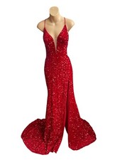 Alyce Paris Size 8 Red Sequin High Slit Prom Dress  Gala Party Velour picture