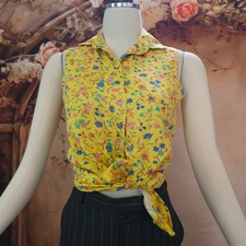 Vintage 1990s Blouse Top California Shipment Yellow Floral Sleeveless Button Up picture