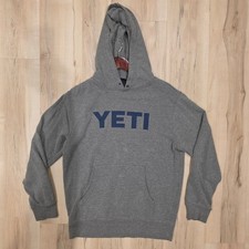 YETI Mens Pullover Hoodie Gray Navy Logo Fleece Sweatshirt Medium picture