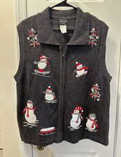 Southern Lady Gray Full Zip Rib-Knit Sweater Vest Embroidered Snowman L picture