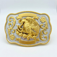 Escudo Mexicano Belt Buckle –  Golden and silver Tones Mexican Eagle Hebilla  picture
