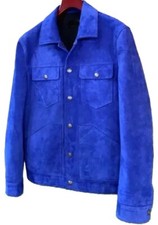 Men’s Royal Blue Suede Leather Jacket Western Trucker Style Snap Button Coat New picture