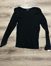 RALPH LAUREN Womens Cotton Minimalist Black V-Neck Long Sleeve Shirt Sz XL picture