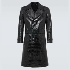 Mens Black Croc Embossed Lambskin Leather Trench Coat Luxury picture