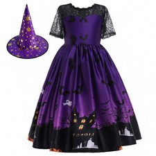 Girls Halloween Costume Dress 10-11 Years Deep Purple Witch Hat Ghost Pumpkin picture