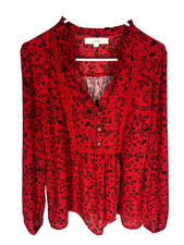 ANN TAYLOR LOFT Red Blouse Large Floral Front Polyester Back Rayon NEW picture