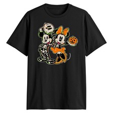 Disney Mickey and Minnie Mouse Skeleton Halloween Men's Black T-Shirt New picture