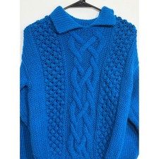 OHI Vintage 80s Cobalt Blue Chunky Cable Knit Popcorn Sweater Collared Womens M picture