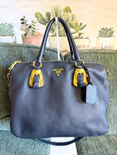 PRADA Bauletto Black Pebbled Leather Satchel Top Handle Zip Gold Hardware picture