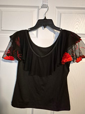 Women’s Black Sheer Mesh Blouse Red Floral Embroidery Flutter Sleeves L/XL picture