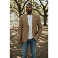 ADOLFO Men's Camel Brown Herringbone Wool Blazer Jacket 52L Sport Coat Lined picture
