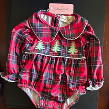 Marie Nicole Girls Plaid Romper 3-6M Red/Black Embroidered Christmas Tree picture