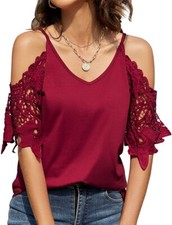 TFSDOD Summer V-Neck Cold Shoulder Tunic Top Cut Out Crochet Lace Wine Red XXL picture