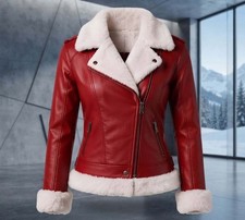 DF-WLJr1-Red Leather Jacket with Faux Fur Trim, Women's Winter Moto Coat picture