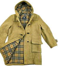 HOT VTG UNISEX BURBERRYS @ DUFFLE PARKA HOODED LINED KHAKI WOOL TRENCH Coat 48 S picture