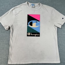 VTG Champion T-Shirt X Large White Graphic Pink Blue and Green Front Logo Hit picture