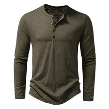 Men's Cotton Henley Shirt Long Sleeve Casual Slim Fit Autumn Fall Top Tee Gift picture