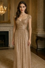 NEW AMSALE Faye Sequin Gown Dress Anthropologie BHLDN Sz 8 Latte picture