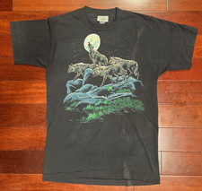 Vintage 1990 Screen Stars Best Wolves Howling Full Moon Tee Single Stitch M USA picture