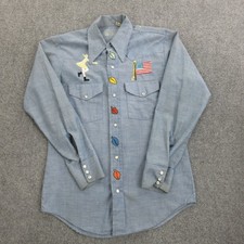 Vtg Wrangler Shirt Mens Small Blue Chambray Western Snap Embroidered Patriotic picture