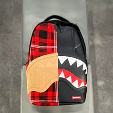 Sprayground Limited Edition Shark Mouth Plaid Faux Leather Backpack Black Red picture