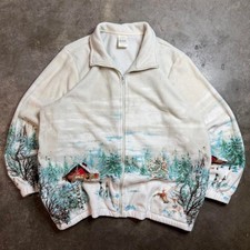 Vintage Blair 90s Winter Farmland AOP Full Zip Fleece Jacket White Cream XL picture
