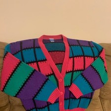 vintage late 80s New Moves color-blocked chunky knit button-up cardigan sweater picture