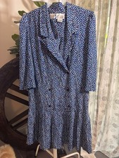 VTG 90s Liz Roberts Double Breasted Pleated Secretary Dress Blue White L picture
